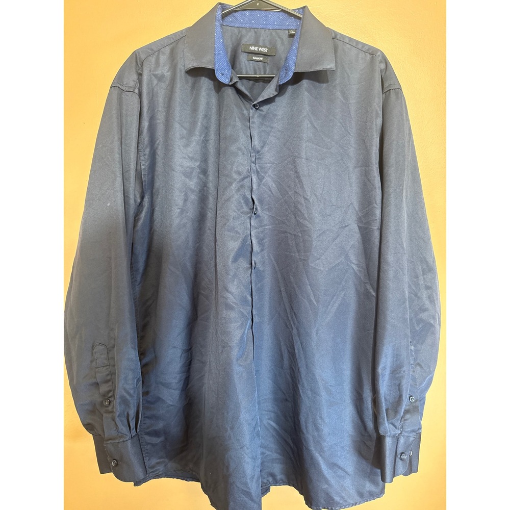 Nine West Mens Classic Fit Dress Shirt Navy Blue Long Sleeve L 16-16.5 34/35
